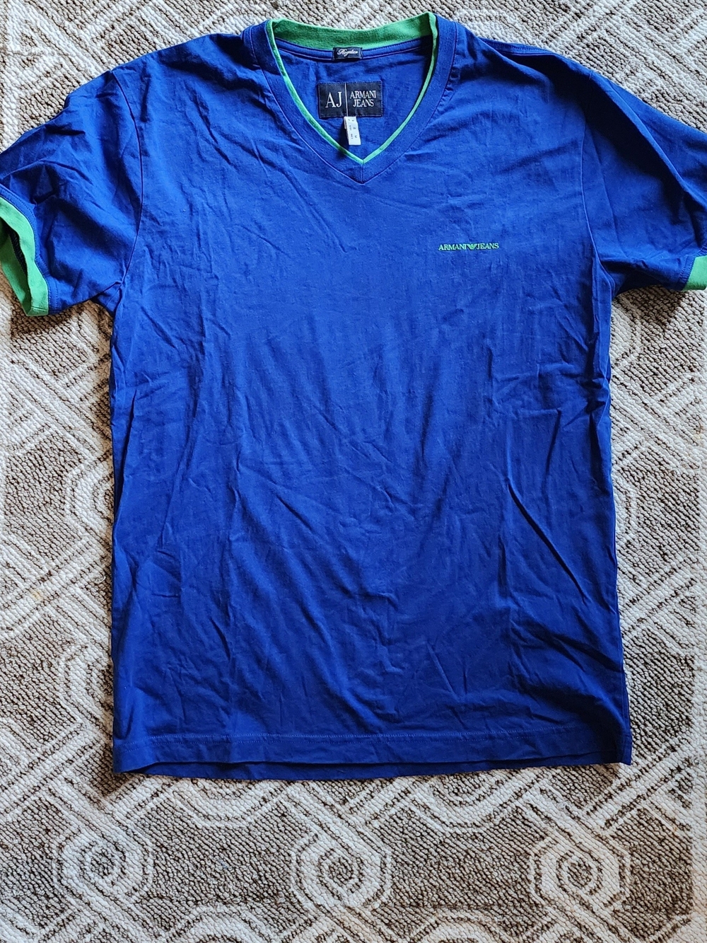 Armani Jeans Men's Royal Blue V-Neck Tee with Green Trim